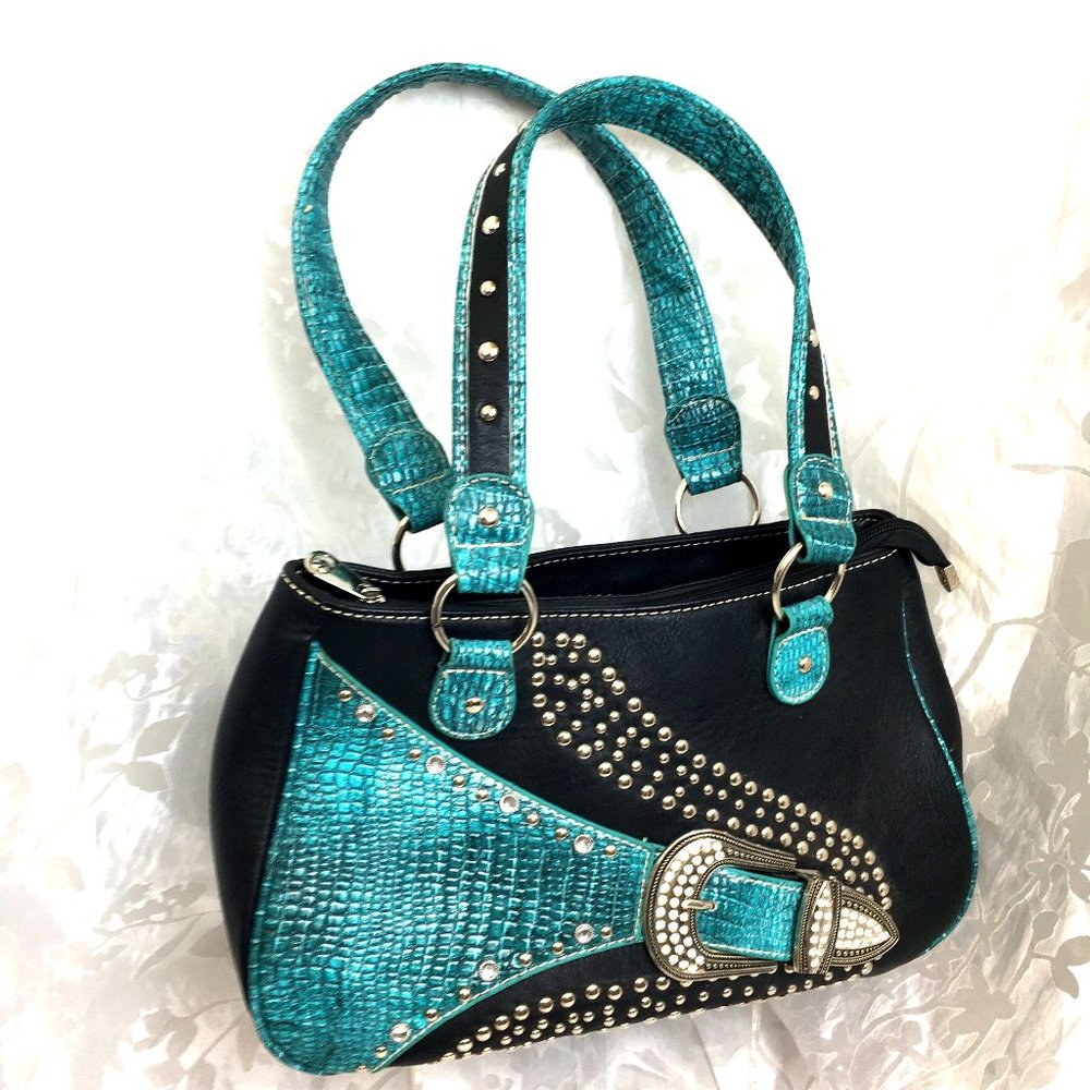P & G Western Buckle Rhinestone Aqua Handbag